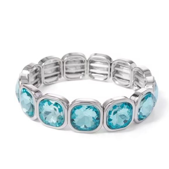 Anthropologie Ocean Blue Silver Gemstone Crystal Stretch Bracelet - Picture 1 of 16
